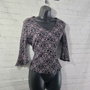 Jessica Black Y2k 90s 3/4 Bell Sleeve Micro Mesh Lace Glitter Flower Fairy Top
